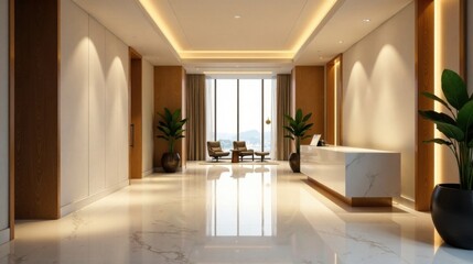 Fototapeta premium Serene Modern Office Reception Area with Polished Marble Flooring and Warm Wood Accents