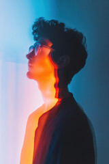 Silhouetted young man in artistic multi-colored light, featuring vibrant blue and orange hues.