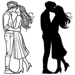 A Couple Kissing Line Drawing and Silhouette.