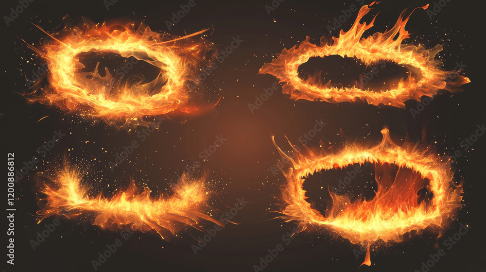 Poster fire frames, vector rectangular burning borders. realistic burn flame tongues with flying particles 