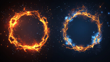 Fototapeta premium Fire frames, vector rectangular burning borders. Realistic burn flame tongues with flying particles and embers on rectanggle frame edges. 3d flare. Burned holes in fire, isolated blazing borders set