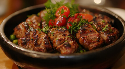 Bulgarian cuisine vector vegetable kebapche, cabbage soup and stuffed leaves sarmi. Grilled meat and lamb casserole guvech, bryndza salad shopska and pork with green beans and liver Bulgaria meals