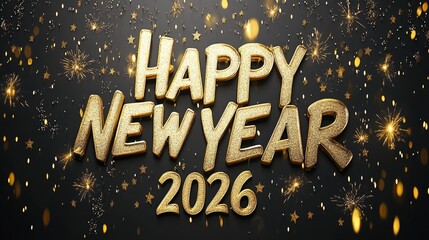 Happy new year 2026 celebration with gold fireworks and glittering stars. Happy New Year 2026