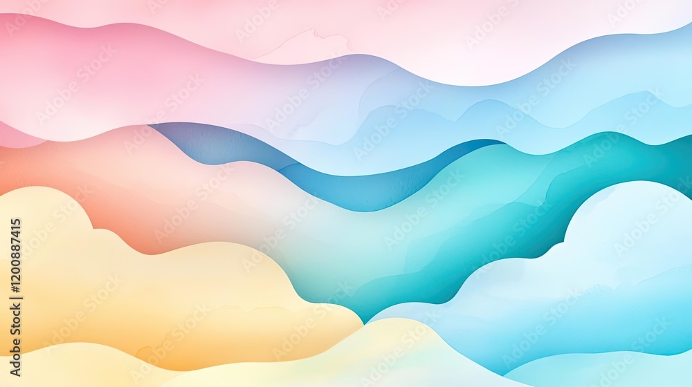 Poster Clouds watercolor idea. Colorful abstract waves in soft pastel shades create a serene and calming visual effect.
