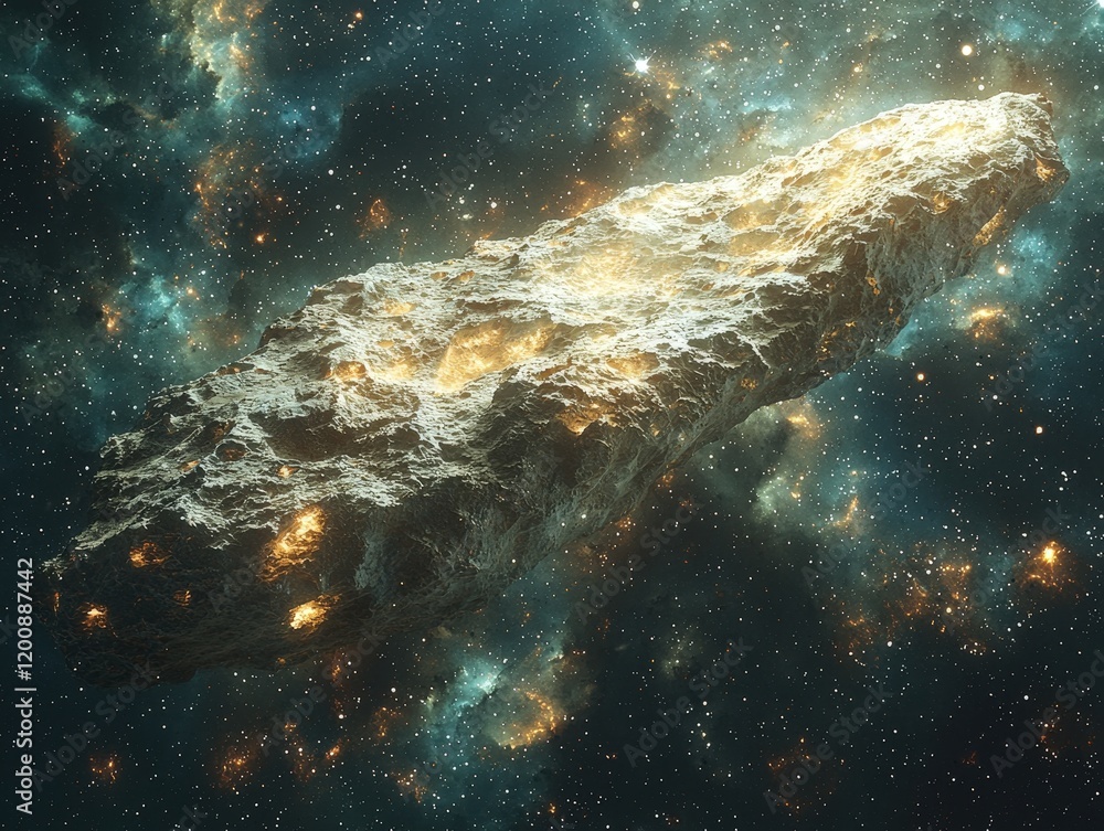 Poster a large asteroid drifts through a colorful nebula. ideal for space exploration projects or sci-fi sc