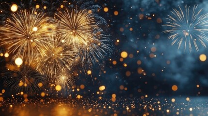 Fototapeta premium Vibrant golden fireworks illuminating night sky with sparkling bokeh
