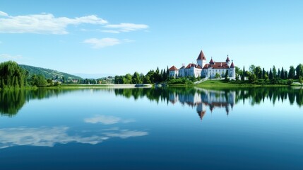 Fototapeta premium Castle reflected in calm lake