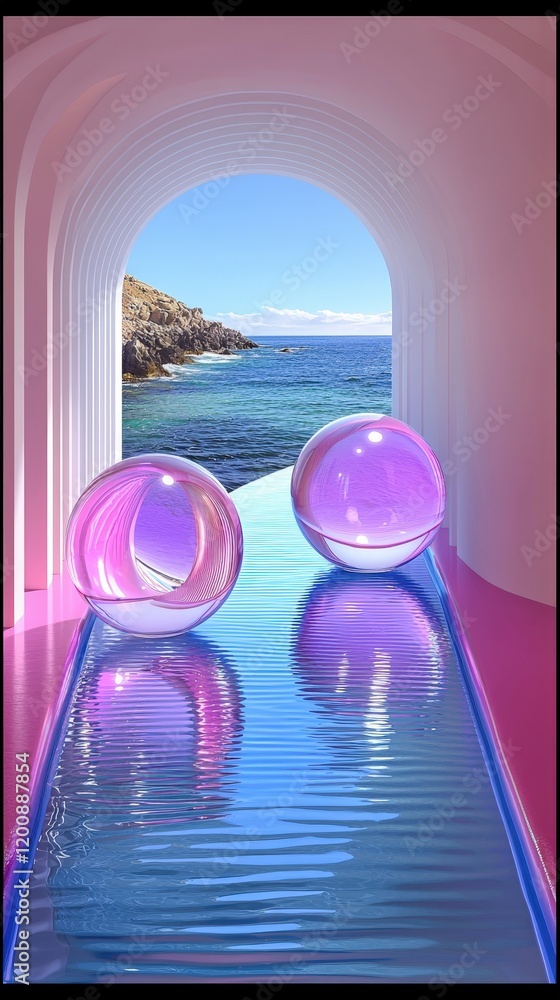 Poster two iridescent spheres rest beside a rippling pool of water within a soft pink archway overlooking a