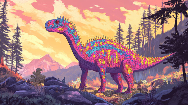 Amargasaurus cartoon prehistoric dinosaur character. Isolated vector colorful herbivore dino with red and blue coloration and spiked back in a lush, vibrant landscape with tall trees and rocky terrain