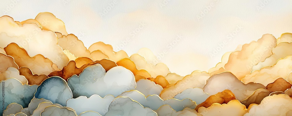 Poster Clouds watercolor idea. Beautiful abstract clouds with warm hues and soft gradients in a tranquil atmosphere.