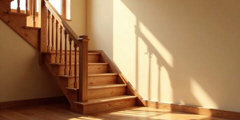 Sunlight Illuminates a Warm Wooden Staircase Ascending to an Unknown Upper Level, Casting Long Shadows on the Adjacent Wall and Hardwood Floor