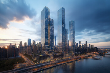 Modern Cityscape Skyscrapers Evening Urban Skyline Architecture view road blue gray dark night glass