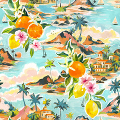 Beautiful vector tropical seamless pattern with hand drawn paradise islands with mountains and palm trees on beaches with ocean and clouds in sky. Ready tropical print design.