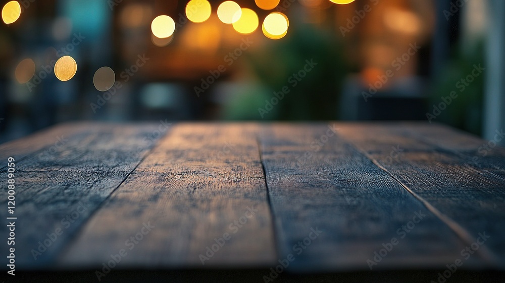 Poster rustic tabletop with bokeh lights: a close-up of a worn wooden table, the grain of the wood creating