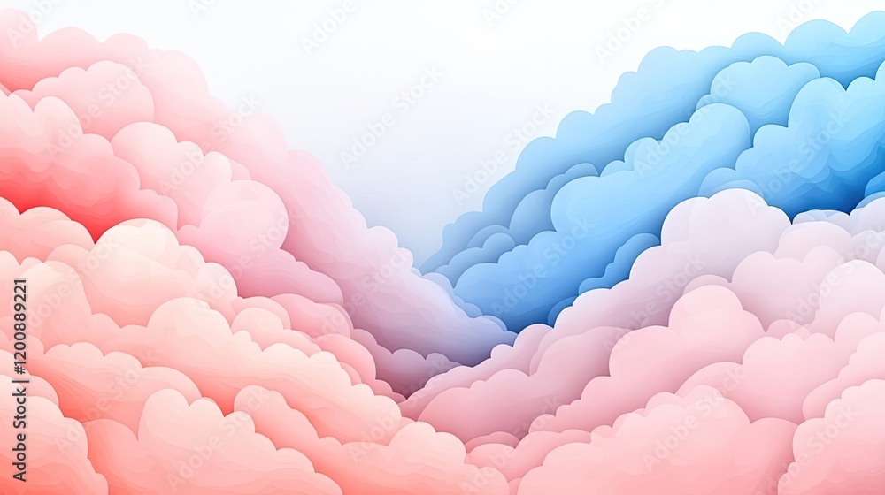 Poster Clouds watercolor idea. A serene view of pink and blue fluffy clouds softly merging in the sky.
