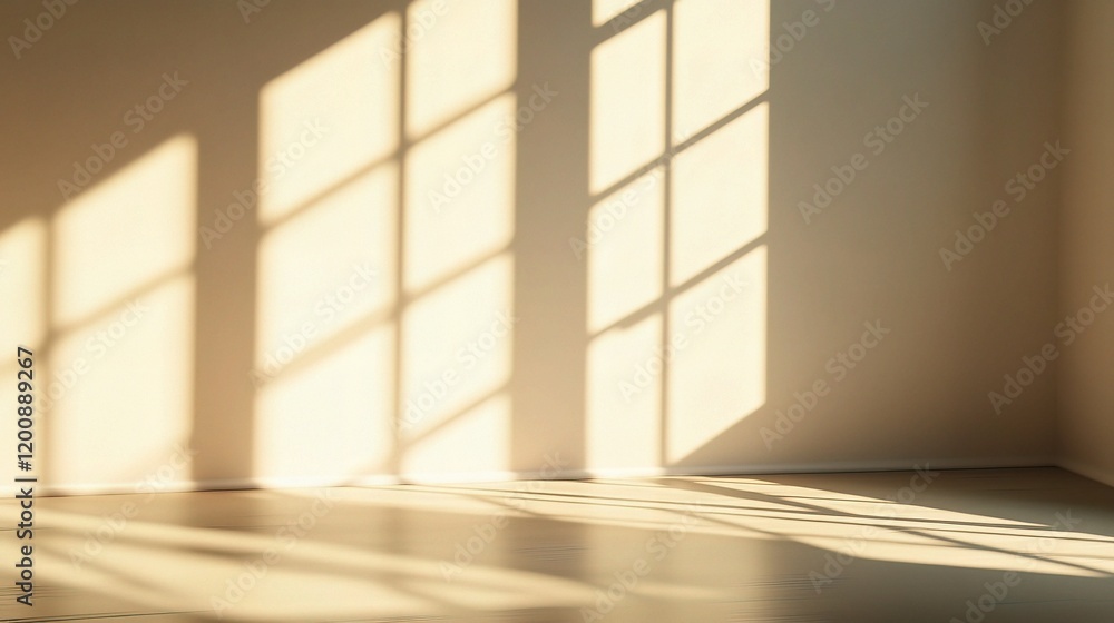 Poster geometric shadows dance: the stark interplay of light and shadow cast by a grid window across a room