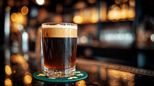 Frothy Dark Beer in a Glass on a Bar Table