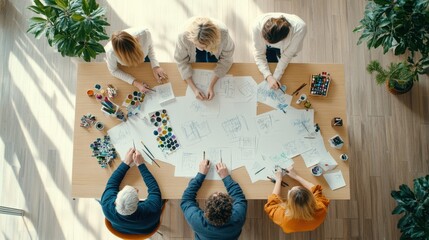 Creative Collaboration: A high-angle, bird's-eye view captures a team of diverse creatives immersed in a collaborative design brainstorming session around a large table strewn with sketches, papers.