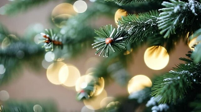 Festive pine branches with snow and bokeh lights: winter holiday closeup scene