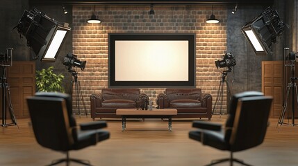 Studio Talk Show Set:  A professional and inviting talk show set design, featuring two comfortable leather armchairs facing a blank screen against a rustic brick wall backdrop.  Ideal for interviews.