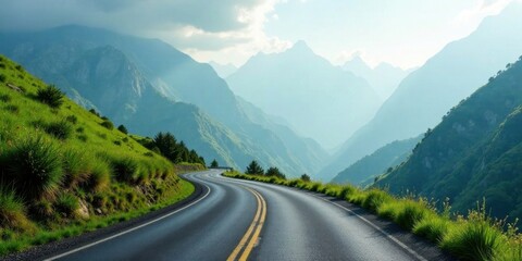 Naklejka premium Asphalt ribbon winding through a scenic mountainous landscape, bathed in the soft light of dawn or dusk, offering a tranquil and inspiring vista