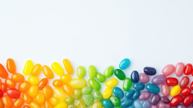 Rainbow Jelly Beans: A vibrant spectrum of colorful jelly beans arranged in a cheerful, eye-catching border, perfect for adding a sweet touch to any design.  - Powered by Adobe