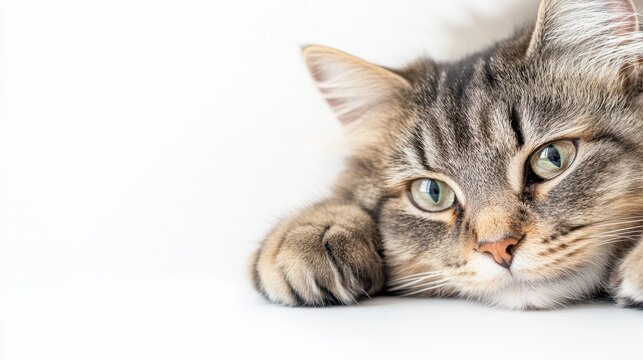 Serene Grey Tabby Cat: A captivating close-up of a grey tabby cat resting its paws, showcasing its striking green eyes and soft fur. The image exudes a sense of calm and tranquility. 