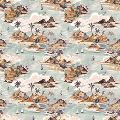 Beautiful vector tropical seamless pattern with hand drawn paradise islands with mountains and palm trees on beaches with ocean and clouds in sky. Ready tropical print design.