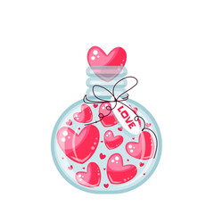 Romantic jar with hearts on transparent background. Vector illustration for valentines day for postcard, textile, decor, poster. Flat style