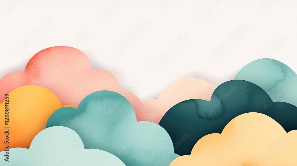 Poster Clouds watercolor idea. Colorful abstract clouds with soft hues creating a serene and artistic backdrop.
