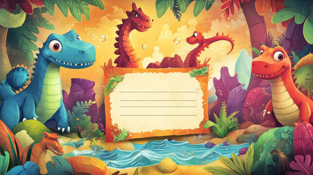 Kids diploma, cartoon water dinosaurs and reptiles certificate vector background frame. School or kindergarten diploma, graduate certificate or award, cute megalodon, kronosaurus and archelon dinos