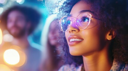 Nightlife Bliss: A radiant young woman with captivating eyes and a joyful smile beams with happiness, standing amidst a festive crowd under the colorful glow of city lights.