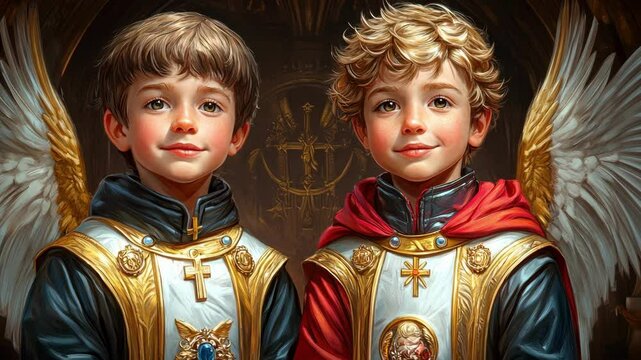 Angelic children with wings in ornate robes celebrating the patron saint of children