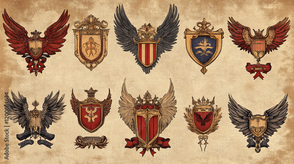 Poster heraldry elements with wings and ribbons for design. jpeg version also available