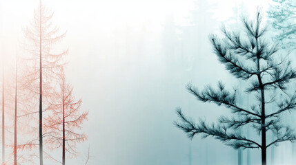Obraz premium Ethereal misty forest scene with frosted gray and cool white tones, featuring two trees fading into foggy background, one with warm reddish hues and other with cool blue green tones