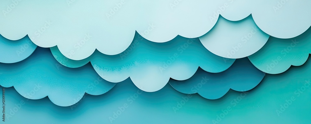 Poster clouds watercolor idea. stylized paper waves in teal and aqua colors create a serene and modern back