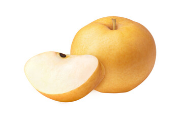 Pear with slice isolated on white background.