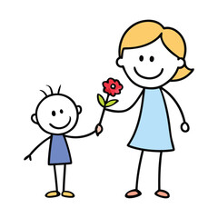 Stick-figure children joyfully giving flowers and gifts to their mom, radiating love and happiness. A heartwarming scene full of simplicity and affection.