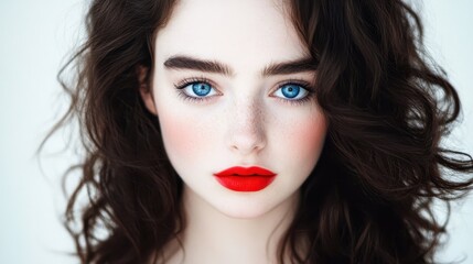 Fototapeta premium Captivating Gaze: A young woman with striking blue eyes and dark, curly hair, accentuated by bold red lipstick, looks directly at the camera with an alluring and confident expression.