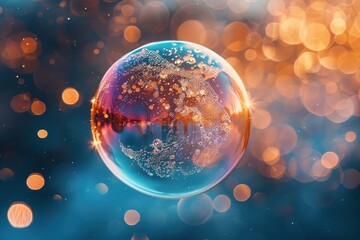Naklejka premium Highlights the ephemeral beauty and delicate nature of a soap bubble, capturing its iridescent colors.