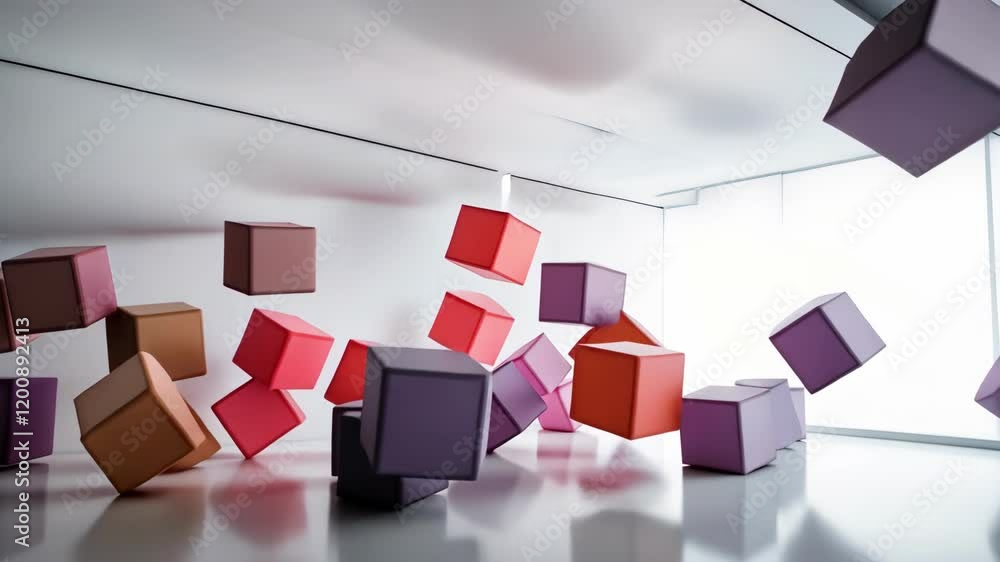 Poster floating cubes in vibrant colors create a dynamic, modern visual atmosphere emphasizing abstract des