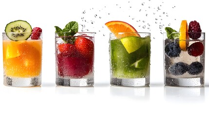 Colorful Jelly Desserts with Fruit Slices in Motion Against White Background