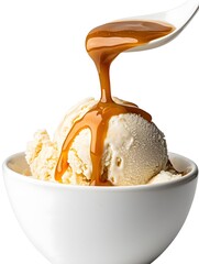 Creamy Vanilla Ice Cream with Caramel Drizzle in Motion Against White Background