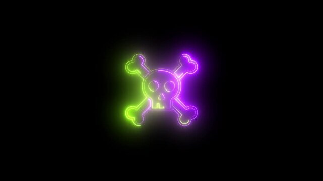 Neon skull and crossbones icon  ochid lime  color glowing animated background black 