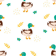 Colorful cartoon ducks and floral elements create playful pattern on a white background