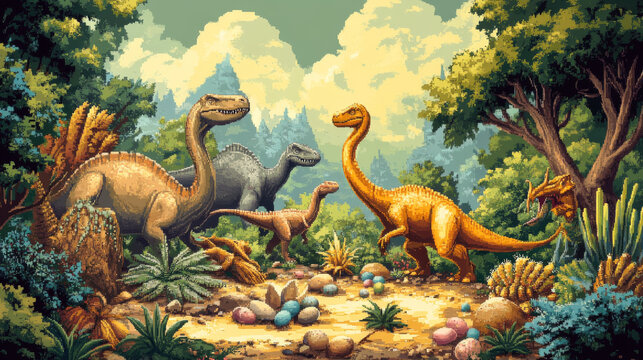 Cartoon prehistoric dinosaurs species in a round shape with lush environment, includes dino eggs, and vibrant plant life, cacti, rocks, and grass set against a green background with trees and bushes