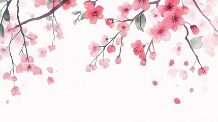Fototapeta premium Cherry Blossom Watercolor: Delicate pink cherry blossoms paint a beautiful watercolor landscape with falling petals, creating a whimsical and romantic mood. 