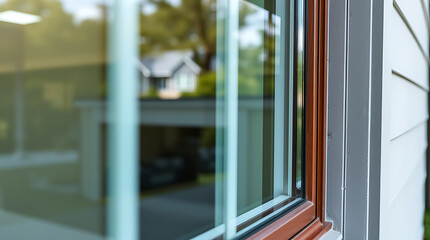 Modern House Exterior: Close-up of a Stylish Sliding Window with Wooden Frame, showcasing contemporary architecture and design elements for real estate and home improvement projects.