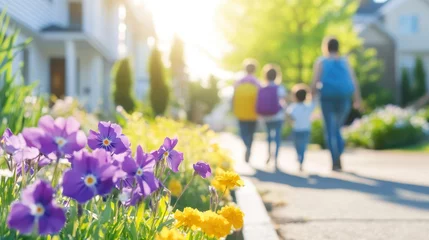 Papier peint photo Family Stroll, Spring Blooms: Vibrant purple and yellow flowers in the foreground frame a family walking down a sunny suburban street, creating a heartwarming image of family life and community. 
