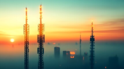 Illuminated Telecom Towers Rising Above Hazy City Skyline at Dusk
